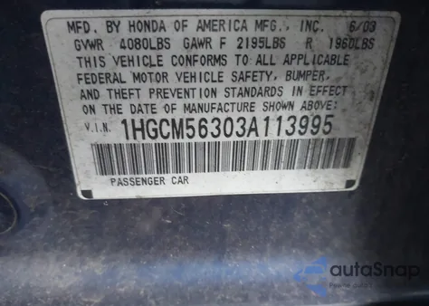2003 Honda Accord 2.4 Lx from USA, damaged, VIN 1HGCM56303A113995